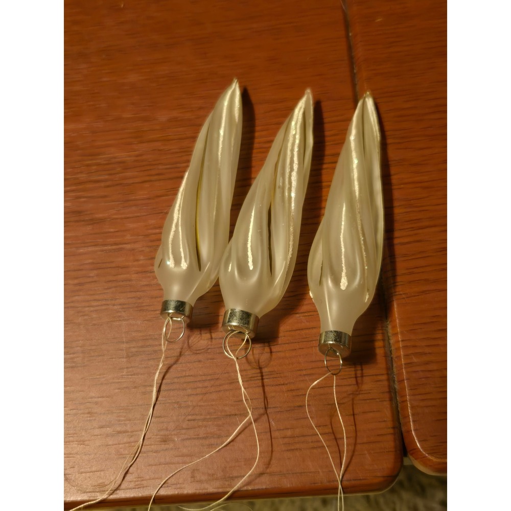 Vintage Style Frosted Glass Icicle‎ Ornaments White Gold Glitter Finial Set of 3